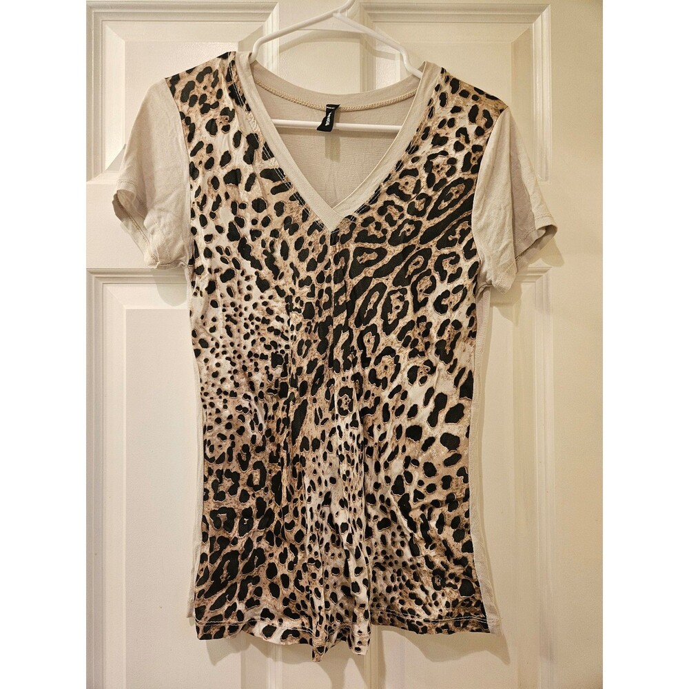 Venti 6 Leopard Print Animal Print V Neck Tshirt Silk Front Accent